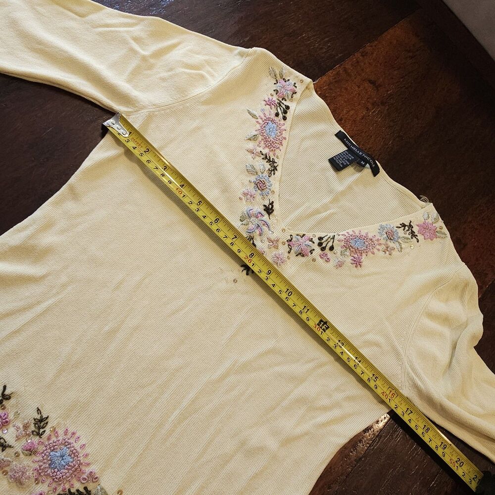 VINTAGE y2k floral embroidered beaded knit top boho cottage size m pastel fairy - Picture 3 of 8